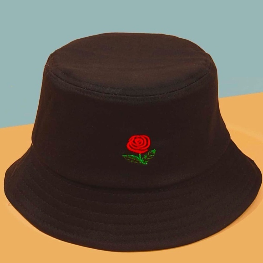 Unisex Black Bucket Hat With Embroidered Red Rose